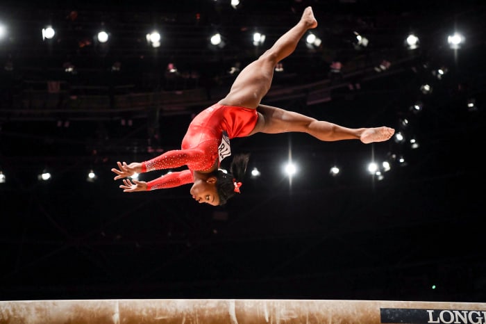 Biles in the all-around final at the 2015 World Gymnastics Championships.